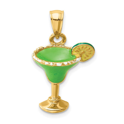 14k Yellow Gold 2-D Green Enameled Salted Margarita Drink w/Lime Charm