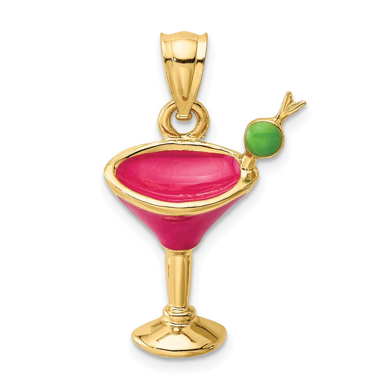 14k Yellow Gold 2-D Fuschia Enameled Martini Drink w/Olive Charm