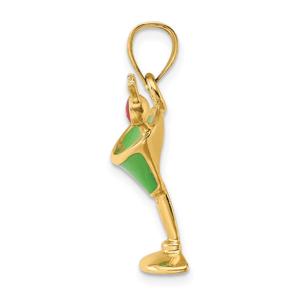 14k Yellow Gold 2-D Green Enameled Martini w/Cherry Charm