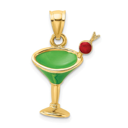 14k Yellow Gold 2-D Green Enameled Martini w/Cherry Charm