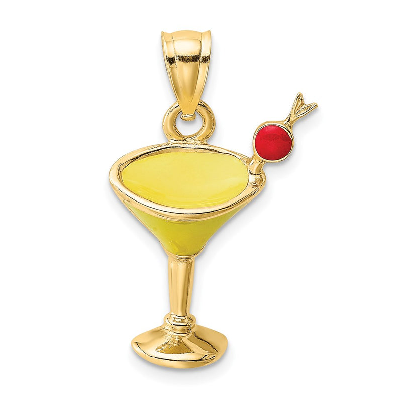 14k Yellow Gold 2-D Yellow Enameled Martini Drink w/ Cherry Charm