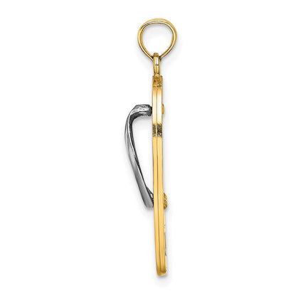 14k Yellow & Rhodium Gold Rhodium 3D Enamel Pink Flowers On Blue Stripes Flip-Flop Charm