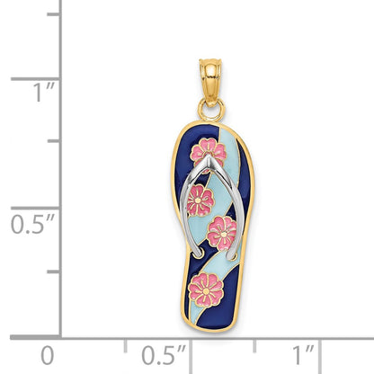 14k Yellow & Rhodium Gold Rhodium 3D Enamel Pink Flowers On Blue Stripes Flip-Flop Charm