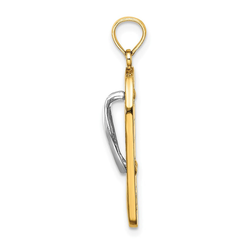 14k Yellow & Rhodium Gold w/Rhodium 3D Enamel Fuschia and White Flowers On Aqua Flip-Flop Charm