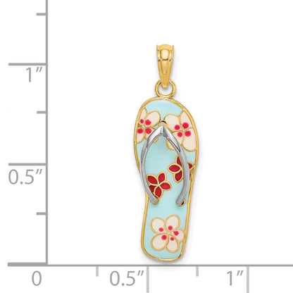 14k Yellow & Rhodium Gold w/Rhodium 3D Enamel Fuschia and White Flowers On Aqua Flip-Flop Charm
