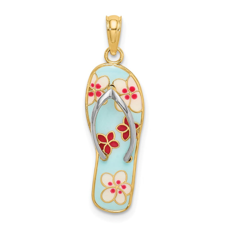 14k Yellow & Rhodium Gold w/Rhodium 3D Enamel Fuschia and White Flowers On Aqua Flip-Flop Charm