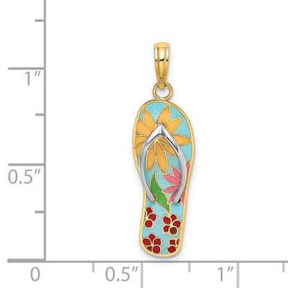 14k Yellow & Rhodium Gold and Rhodium Multi-Colored 3D Enamel Fuschia Flowers On Flip-Flop Charm