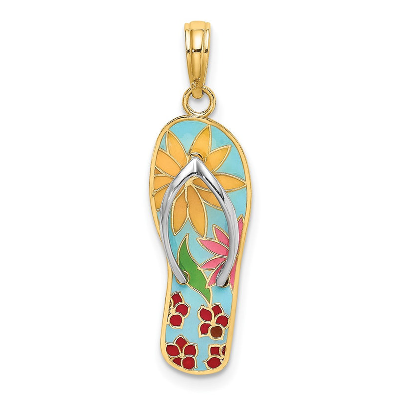 14k Yellow & Rhodium Gold and Rhodium Multi-Colored 3D Enamel Fuschia Flowers On Flip-Flop Charm