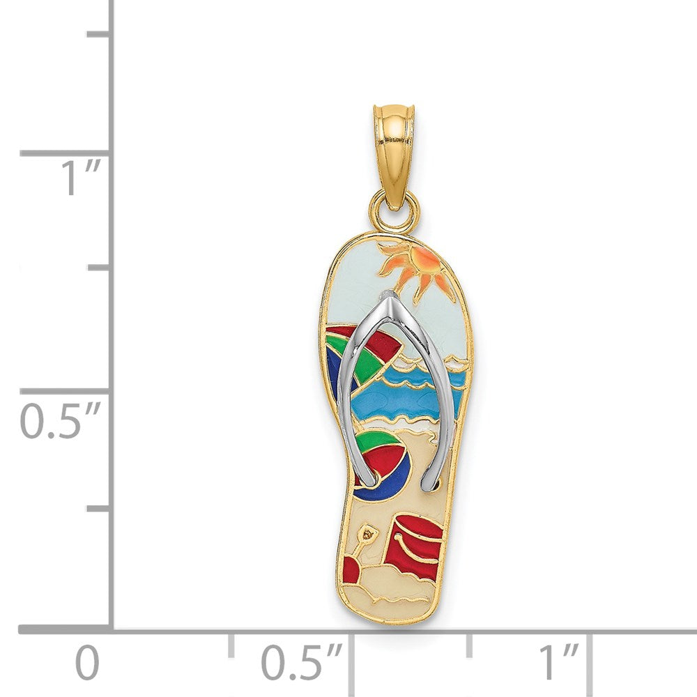 14k Yellow & Rhodium Gold w/Rhodium Multi-Colored 3D Enamel Beach Scene On Flip-Flop Charm