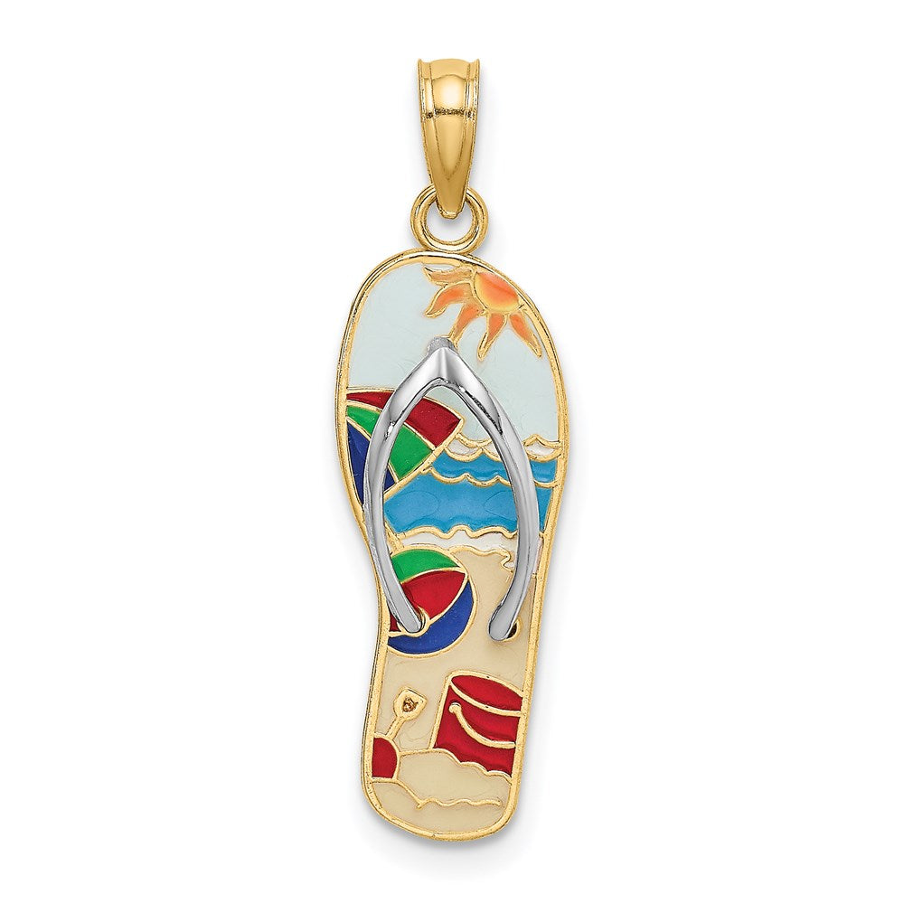 14k Yellow & Rhodium Gold w/Rhodium Multi-Colored 3D Enamel Beach Scene On Flip-Flop Charm