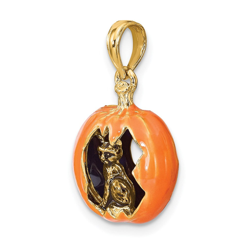 14k Yellow Gold 3-D Enameled Pumpkin w/Black Cat and Moon Charm