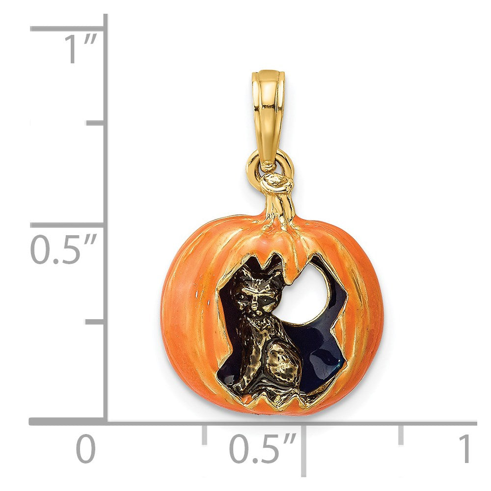 14k Yellow Gold 3-D Enameled Pumpkin w/Black Cat and Moon Charm