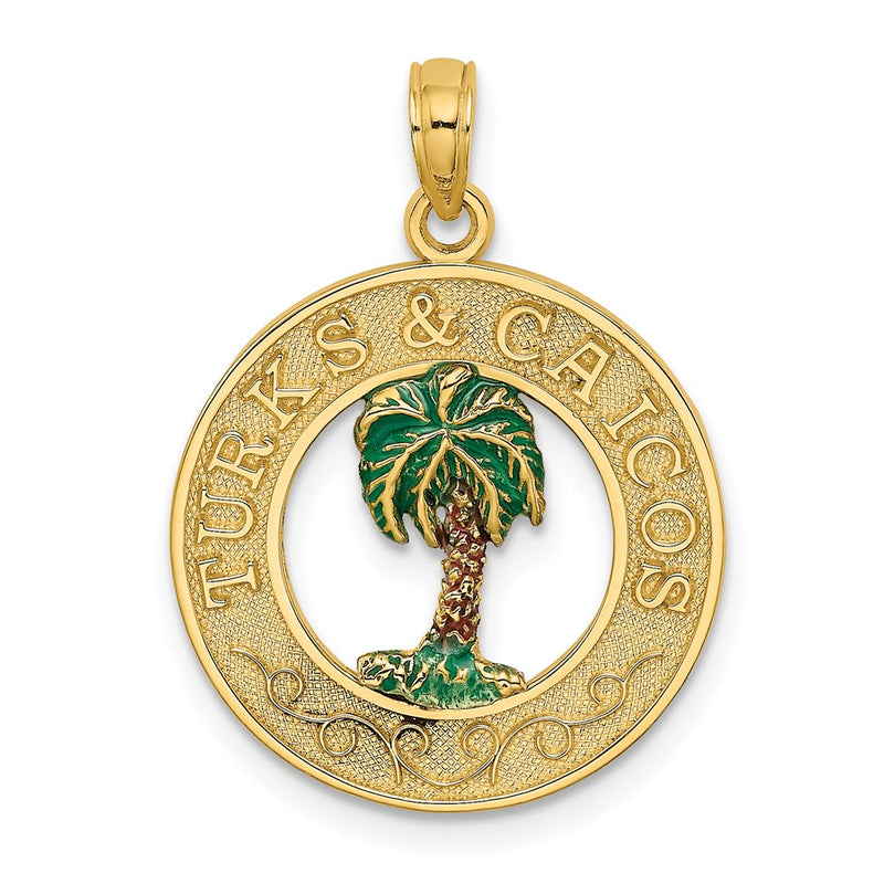 14k Yellow Gold Enameled TURKS AND CAICOS  w/Palm Tree Circle Charm