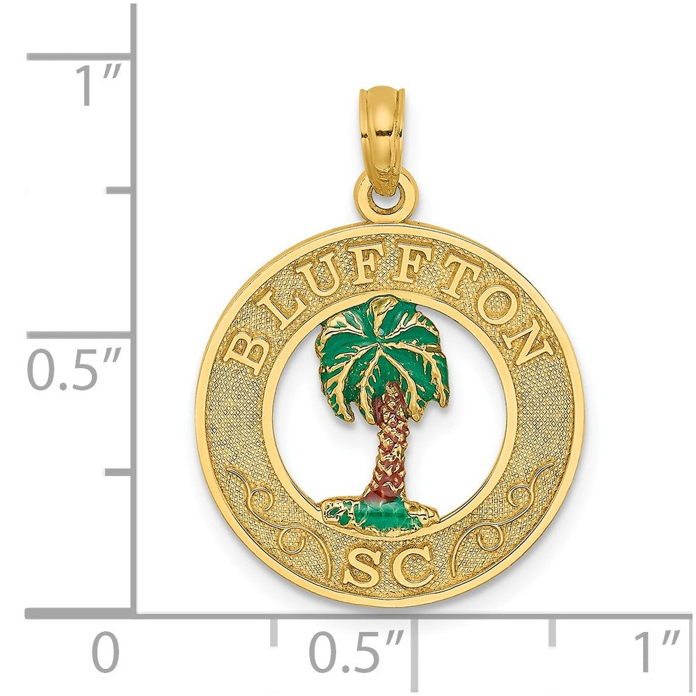 14k Yellow Gold BLUFFTON SC Circle Enameled Palm Tree Charm