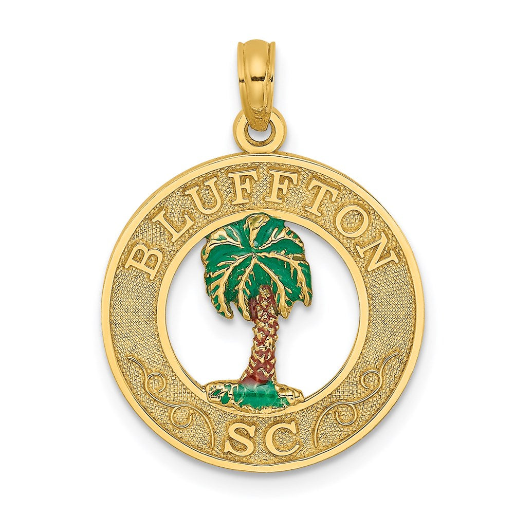 14k Yellow Gold BLUFFTON SC Circle Enameled Palm Tree Charm