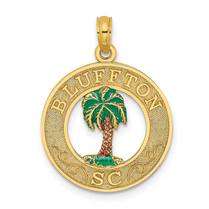 14k Yellow Gold BLUFFTON SC Circle Enameled Palm Tree Charm