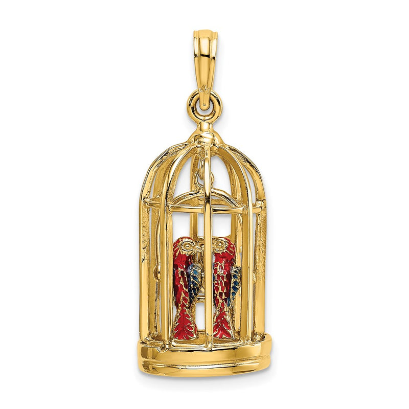 14k Yellow Gold w/ Enamel 3-D Bird Cage w/ 2 Birds and Doors Open Charm