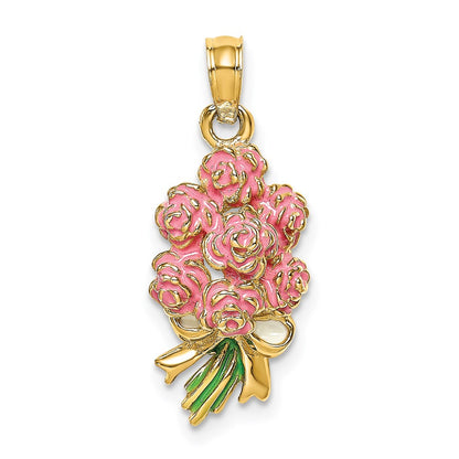 14k Yellow Gold Enameled Bouquet of Pink Roses