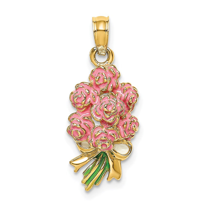 14k Yellow Gold Enameled Bouquet of Pink Roses
