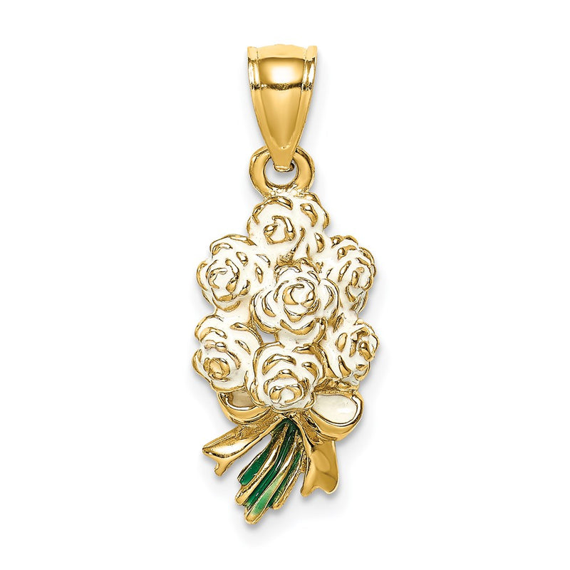 14k Yellow Gold Enameled Bouquet of White Roses