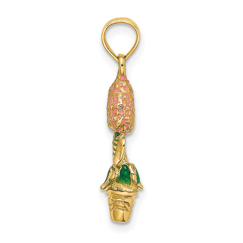 14k Yellow Gold 3-D Enameled Pink Hydrangea Flowers In Pot Charm