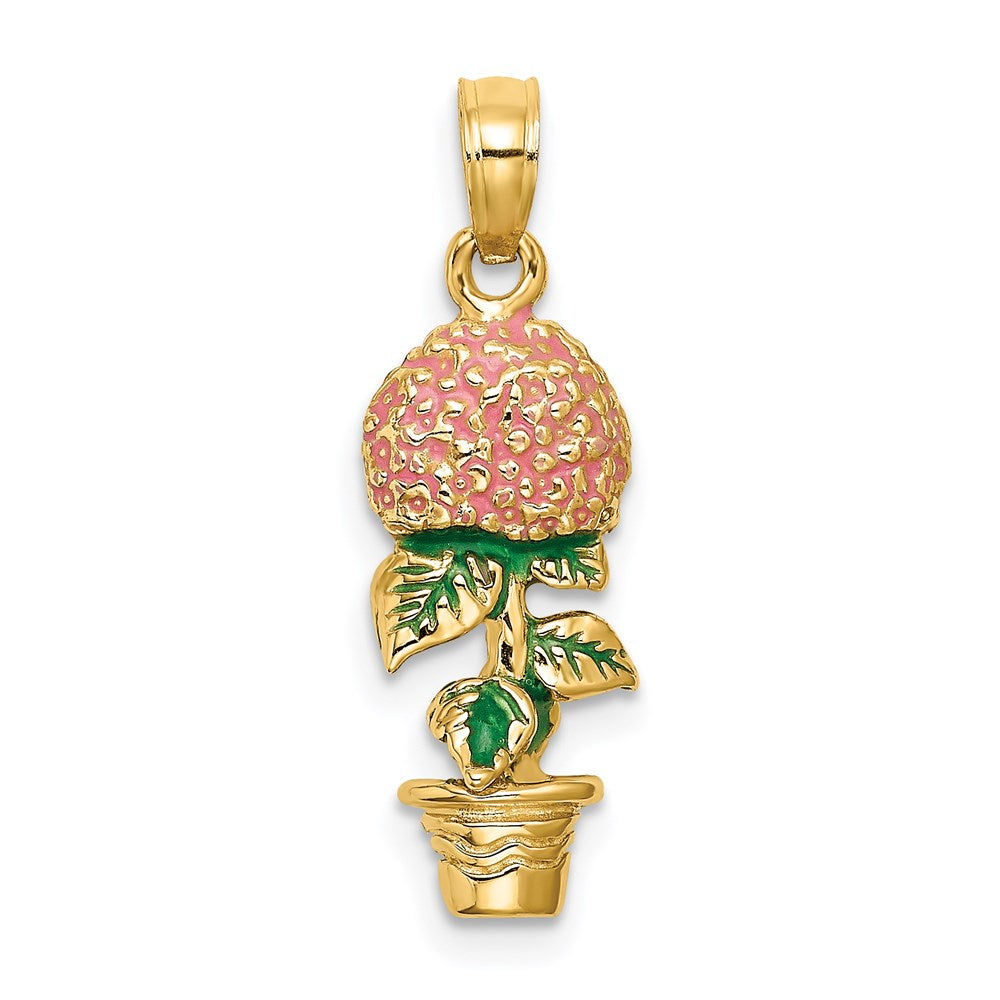 14k Yellow Gold 3-D Enameled Pink Hydrangea Flowers In Pot Charm