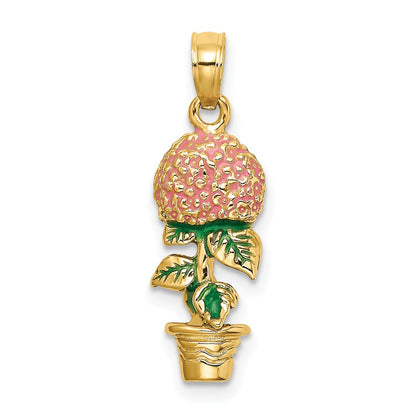 14k Yellow Gold 3-D Enameled Pink Hydrangea Flowers In Pot Charm