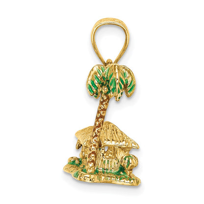 14k Yellow Gold 3-D W/Enamel Palm Tree and Hut Charm