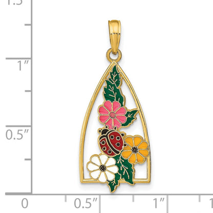 14k Yellow Gold Enameled Ladybug and Flowers Triangle Pendant