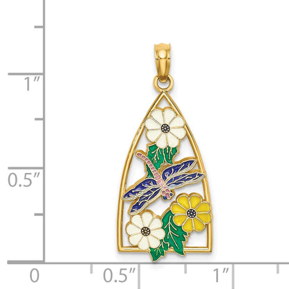 14k Yellow Gold Enamel Dragonfly and Flowers Triangle Charm