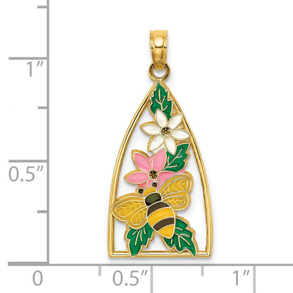 14k Yellow Gold Enameled Bumblebee and Flowers Triangle Charm