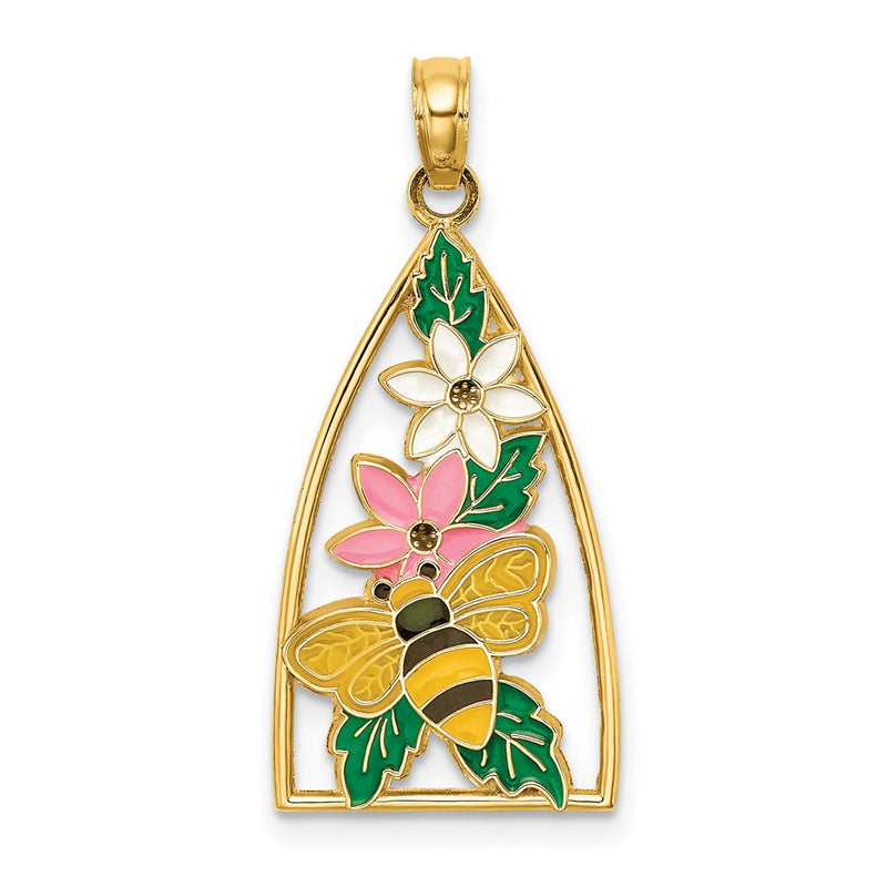 14k Yellow Gold Enameled Bumblebee and Flowers Triangle Charm