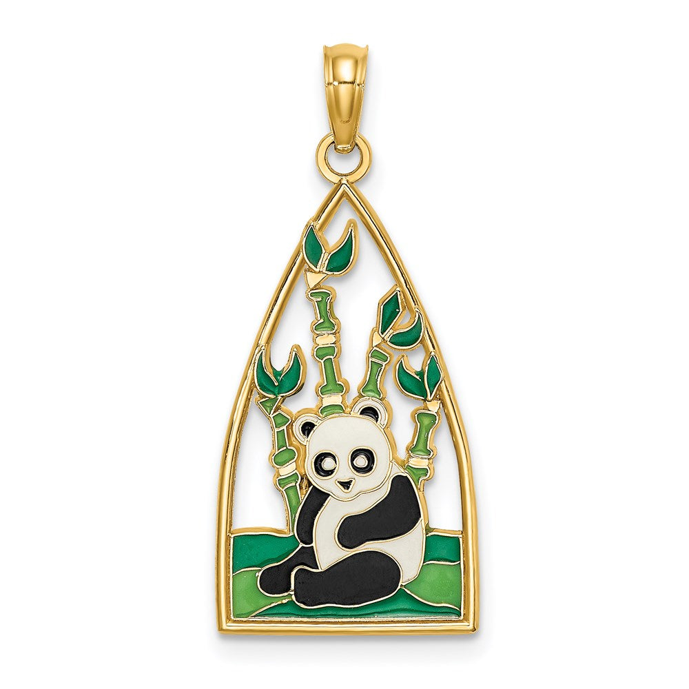 14k Yellow Gold Enamel Panda Bear and Bamboo Charm