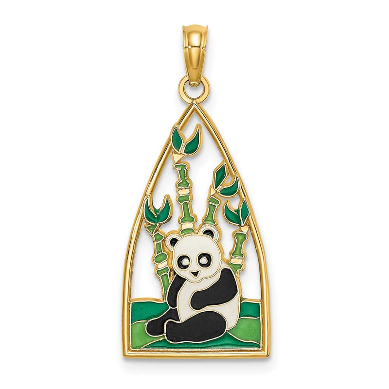 14k Yellow Gold Enamel Panda Bear and Bamboo Charm