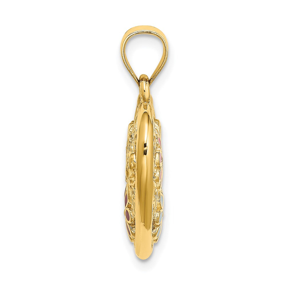 14k Yellow Gold 3D Reversible Enamel Butterfly and Flowers Heart Pendant