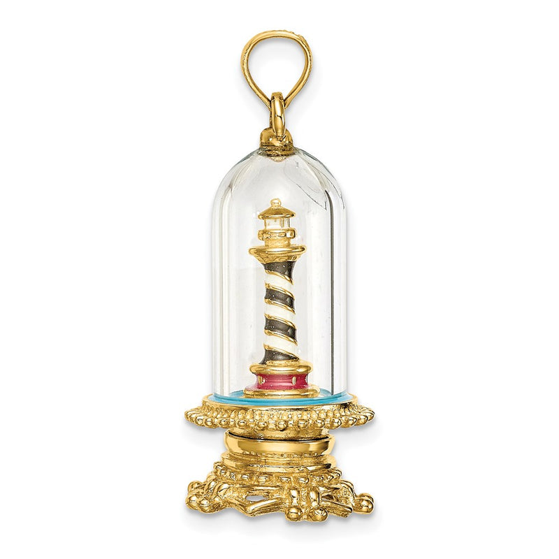 14k Yellow Gold 3-D Enamel Lighthouse In Glass Dome Charm