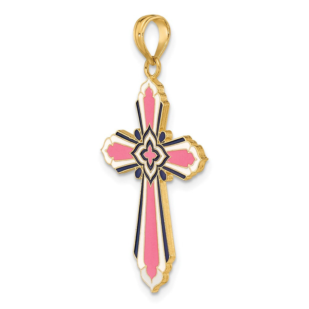 14k Yellow Gold 3-D W/ Pink and White Enamel Cross Charm