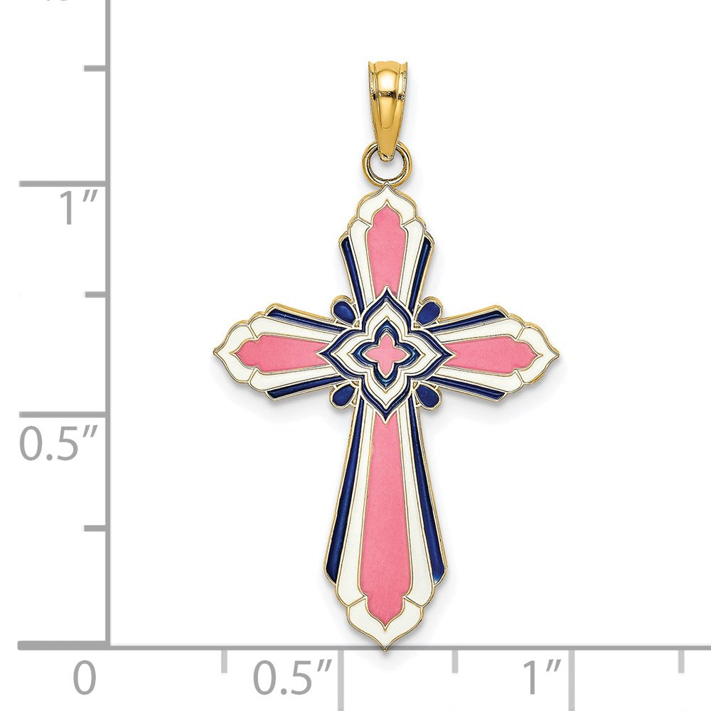 14k Yellow Gold 3-D W/ Pink and White Enamel Cross Charm