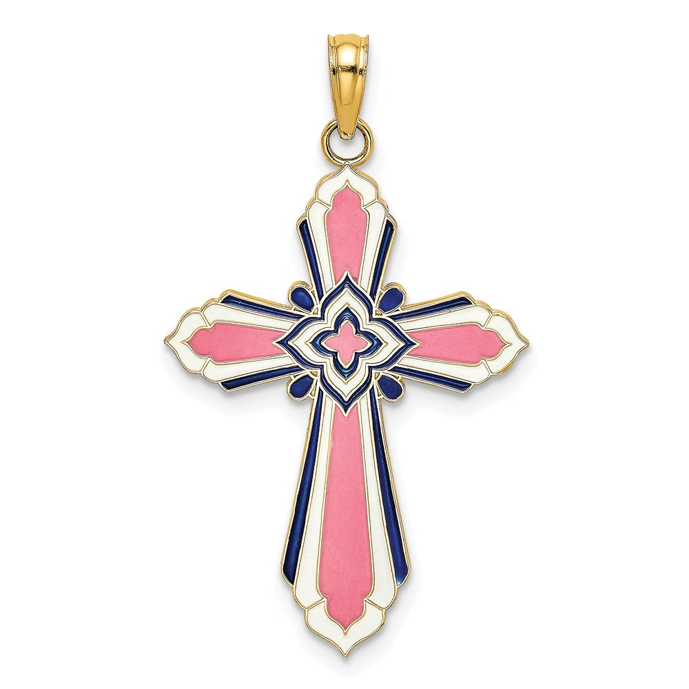 14k Yellow Gold 3-D W/ Pink and White Enamel Cross Charm