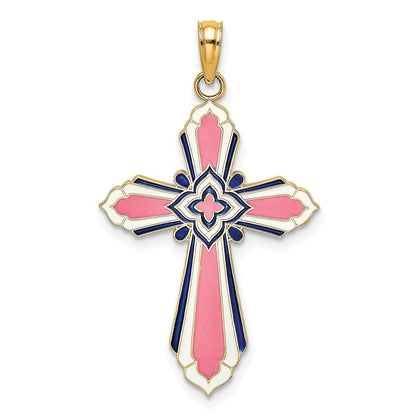 14k Yellow Gold 3-D W/ Pink and White Enamel Cross Charm