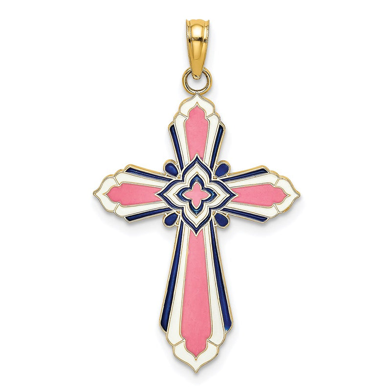 14k Yellow Gold 3-D W/ Pink and White Enamel Cross Charm