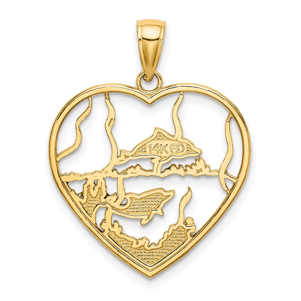 14k Yellow Gold Enamel Dolphins In Heart Charm
