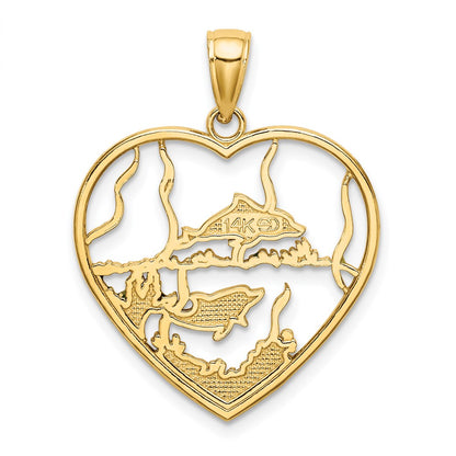 14k Yellow Gold Enamel Dolphins In Heart Charm