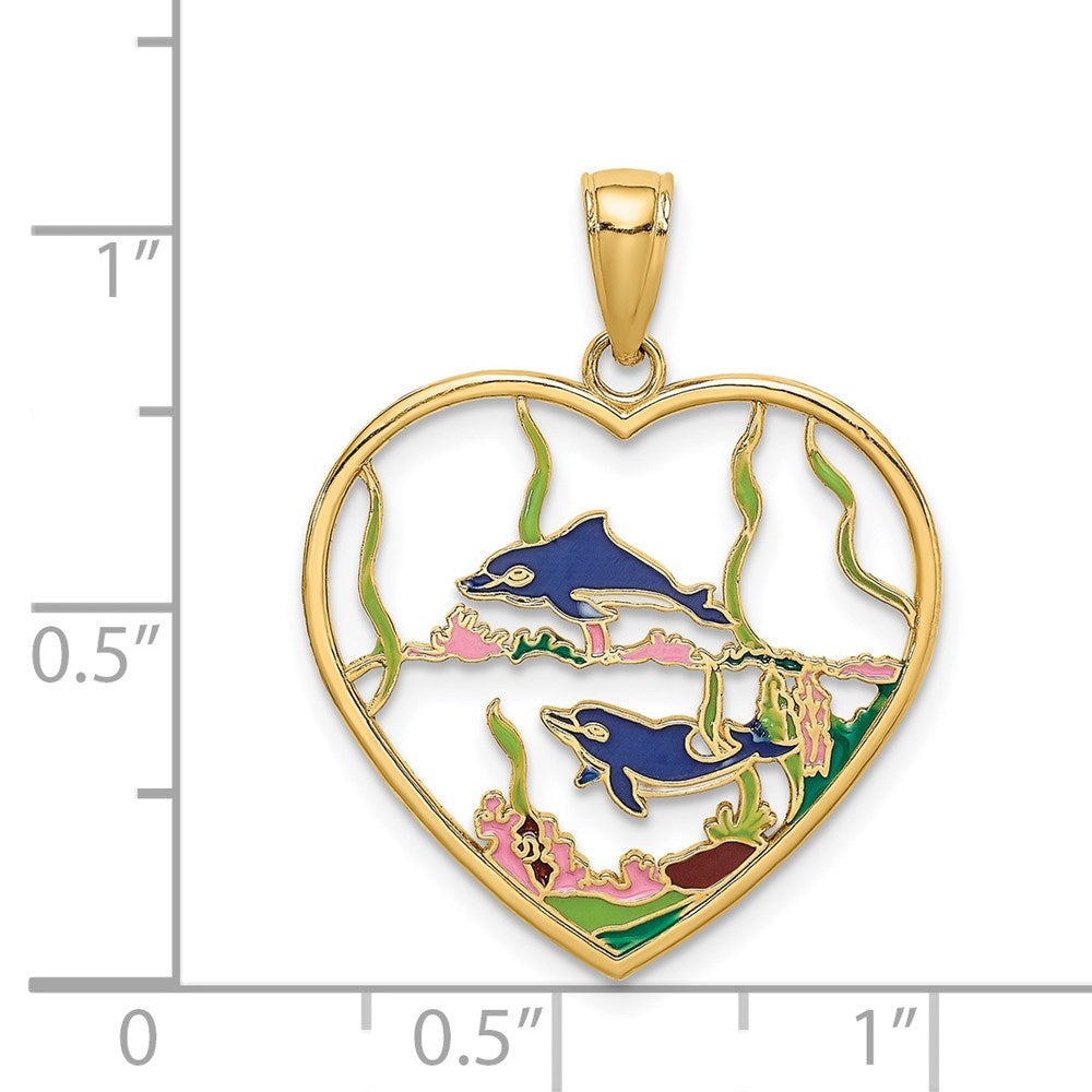 14k Yellow Gold Enamel Dolphins In Heart Charm