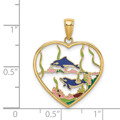 14k Yellow Gold Enamel Dolphins In Heart Charm