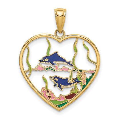 14k Yellow Gold Enamel Dolphins In Heart Charm