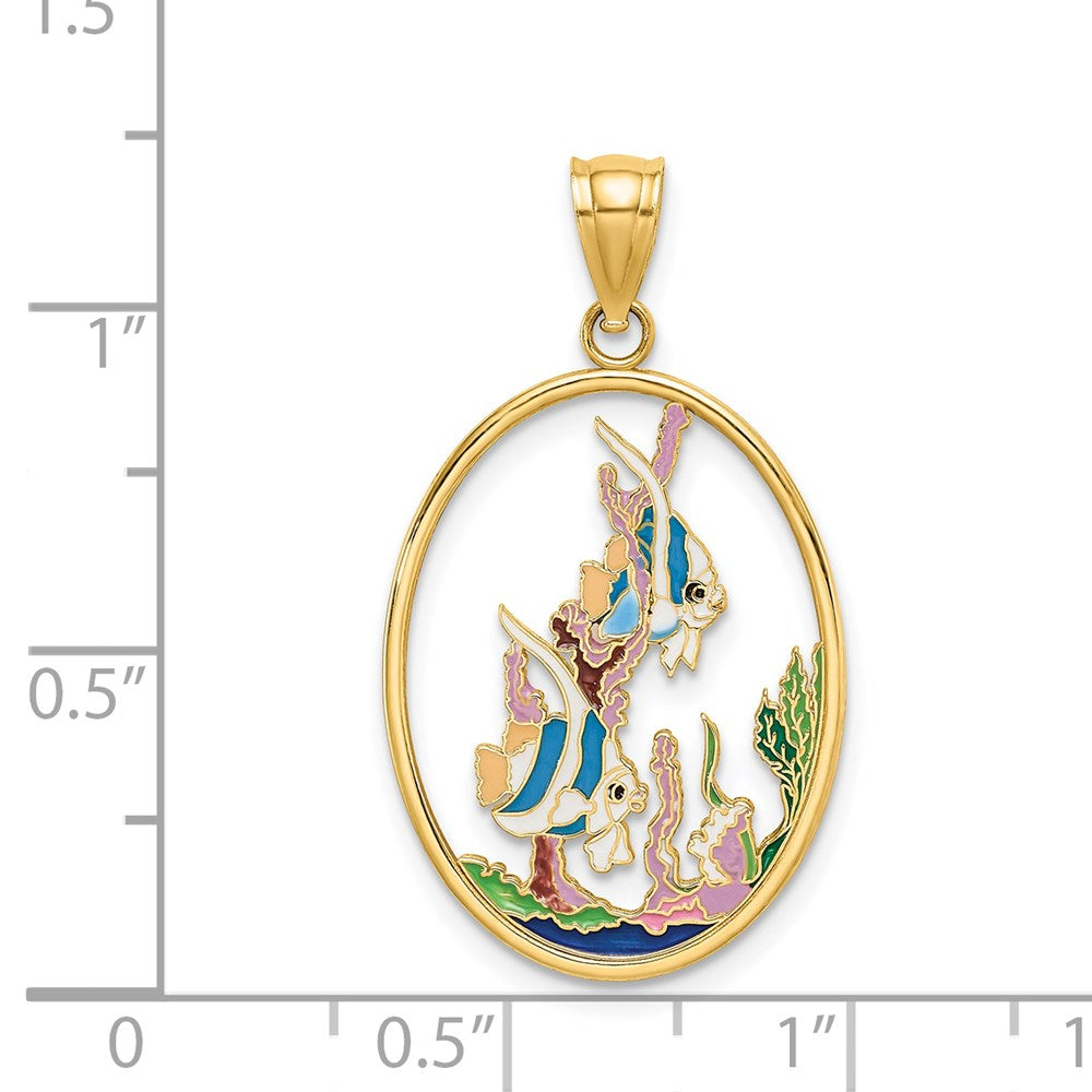 14k Yellow Gold Enamel Angelfish In Underwater Scene Charm