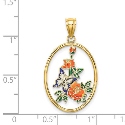 14k Yellow Gold Enamel White Butterfly In Oval w/ Orange Flowers Charm