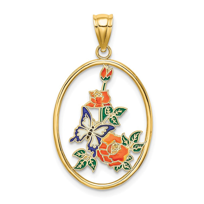 14k Yellow Gold Enamel White Butterfly In Oval w/ Orange Flowers Charm