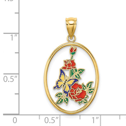 14k Yellow Gold Enamel Yellow Butterfly in Oval Red Flower Charm